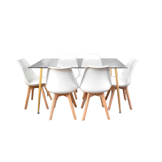 Comedor rectagular tope de cristal + 6 sillas Tulip